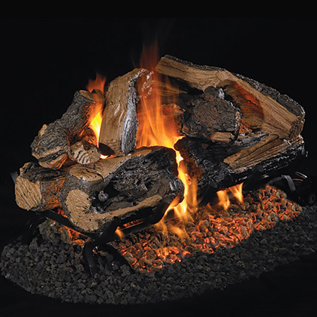 18" Charred Rugged Split Oak Vented Log Set / G45 Stainless Steel See-Thru Ember Burner - Peterson Real Fyre