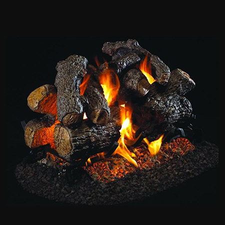 42" Charred Royal English Oak Vented Log Set / G45 Stainless Steel See-Thru Triple T Burner - Peterson Real Fyre