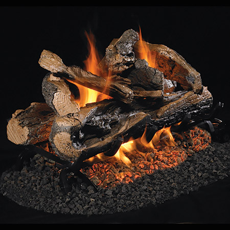 24" Rugged Split Oak Vented Log Set / G45 Stainless Steel See-Thru Ember Burner - Peterson Real Fyre